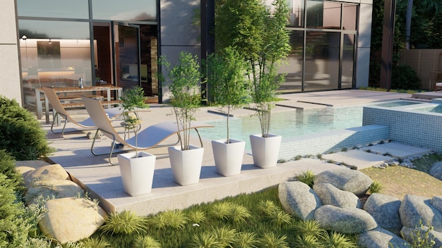 Foto casa de villa de piscina de design exterior realista 3d com visualização de jardim de tob de árvore