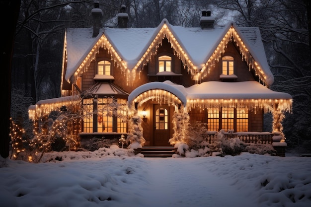 Casa decorada con guirnaldas de luces para las fiestas. Concepto de feliz navidad y próspero año nuevo.