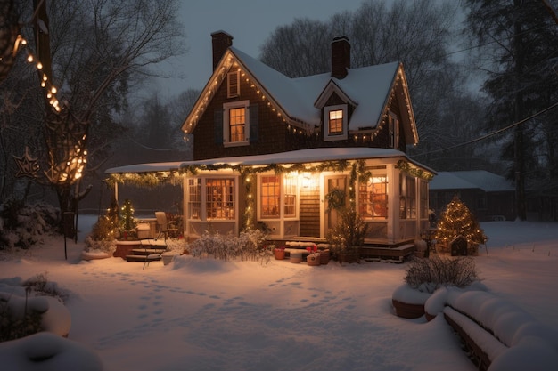 Una casa decorada con luces navideñas en la nieve.