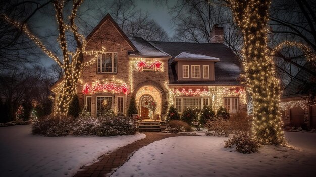 Una casa decorada para navidad con luces y un porche cubierto de nieve