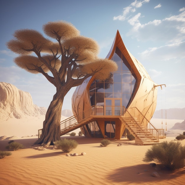 Una casa en el desierto con un árbol delante