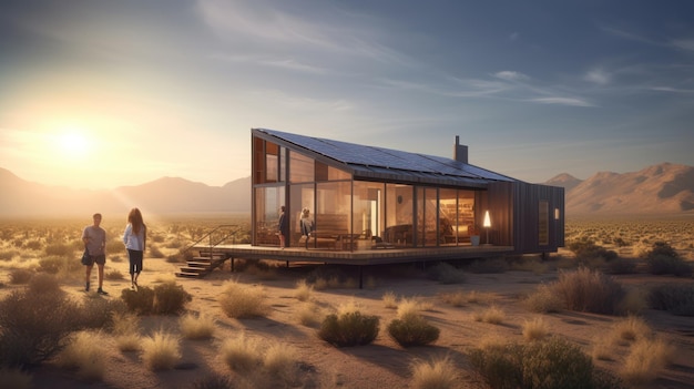 Una casa en el desierto con un atardecer de fondo