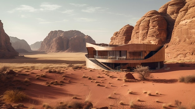 Una casa en el desierto con una duna de arena roja al fondo.