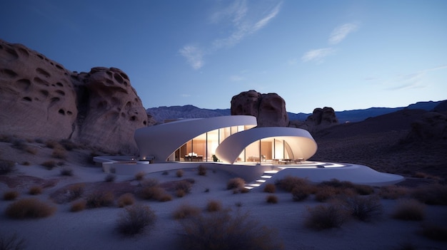 Una casa en el desierto con una montaña al fondo