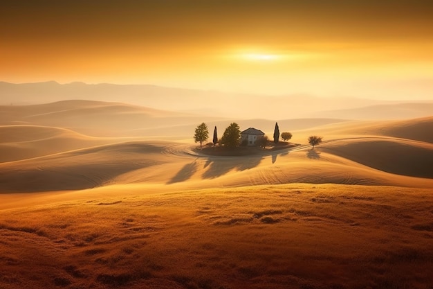 Una casa en el desierto con el sol poniéndose detrás