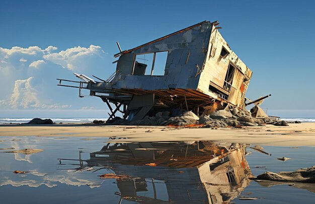 una casa destrozada en una playa en el estilo de un póster