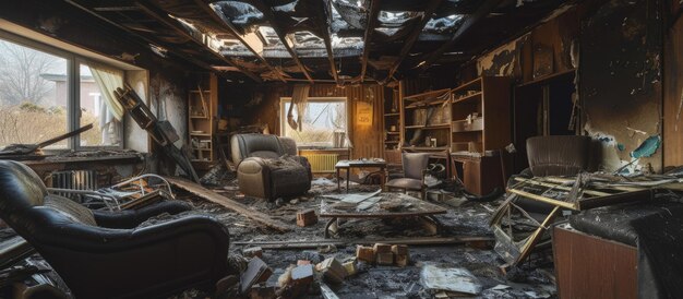 Foto casa destruida con vigas de techo y muebles quemados