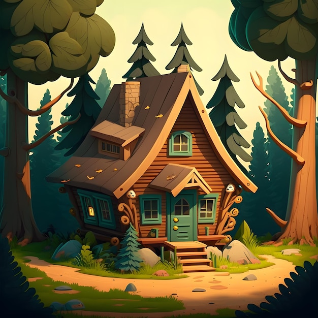 Una casa de dibujos animados en el bosque con un techo azul y un árbol en la parte inferior