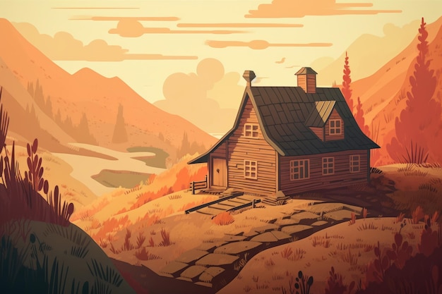 Una casa de dibujos animados en una colina con una montaña al fondo.