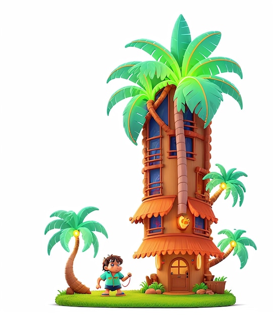 Una casa de dibujos animados y un diseño de camiseta con palmeras