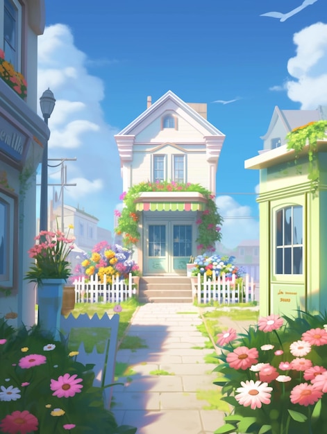 Casa de dibujos animados con flores y un camino que conduce a ella generativa ai