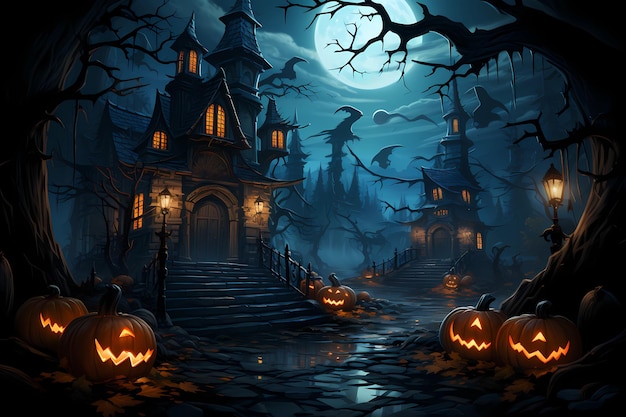 casa de dibujos animados de halloween y fondo de luna llena de calabazas