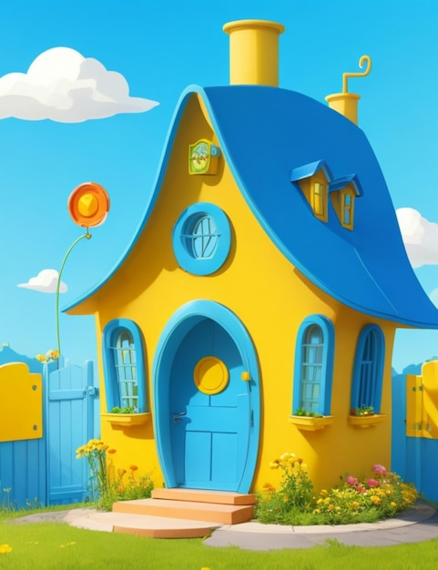 Una casa de dibujos animados con un techo rosa brillante y una alegre ventana amarilla