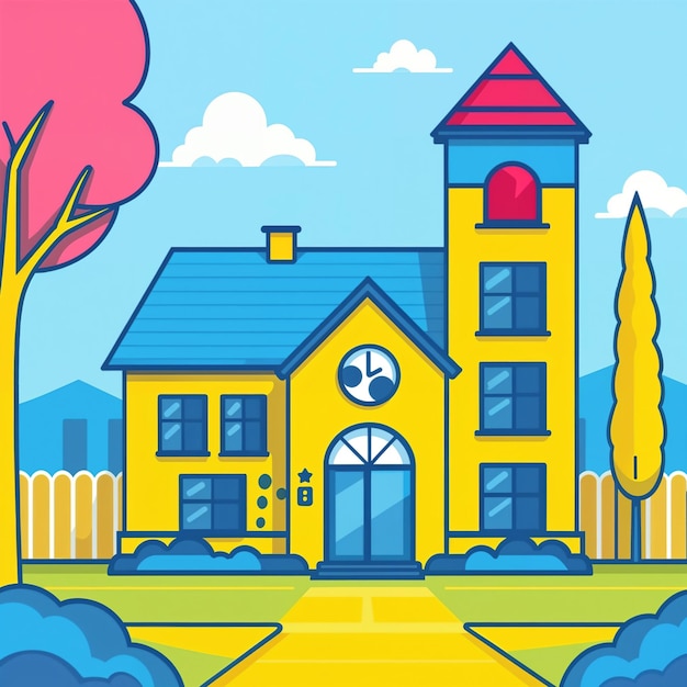 Casa de dibujos animados con una torre alta