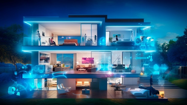 casa digital inteligente moderna con paisaje nocturno