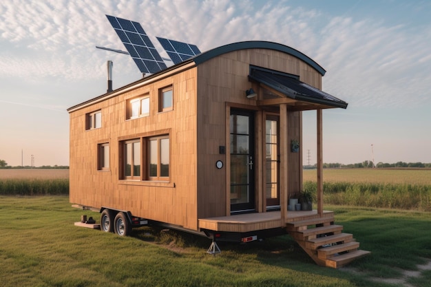 Casa diminuta alimentada por paneles solares y turbinas eólicas creada con IA generativa