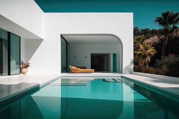 Foto casa de diseño villa moderna con sala de estar abierta y ala de dormitorio privada gran terraza con privacidad y piscina ia generativa