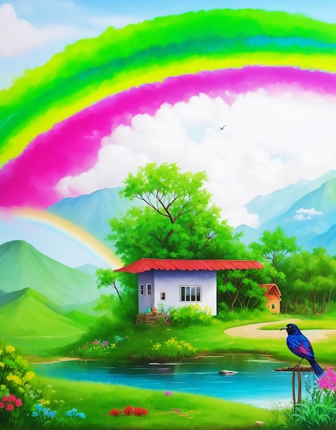 casa do vale do paraíso pássaro da natureza e nuvem arco-íris pintura acrílica em papel imagem acrílico HD