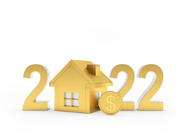 Casa dorada con moneda de dólar y número de año nuevo.