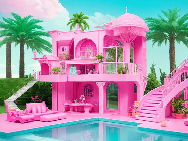 casa dos sonhos barbie com palmeira e piscina