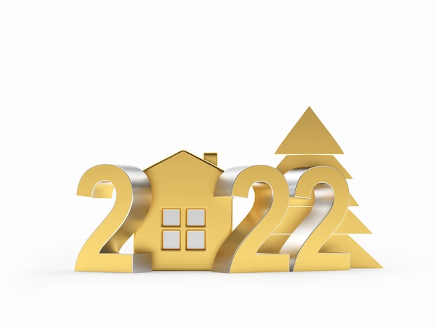 Casa dourada com árvore de natal e número de ano novo