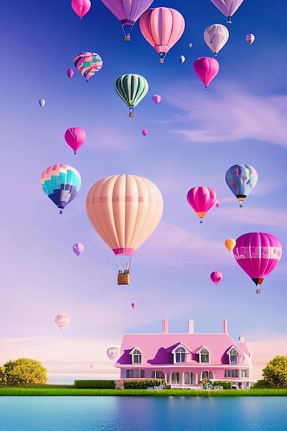 Casa Dreamcore con globos aerostáticos en el cielo