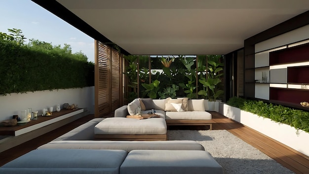 Casa duplex moderna com assento na varanda, sala de estar, cozinha aberta, refeição e design de interiores