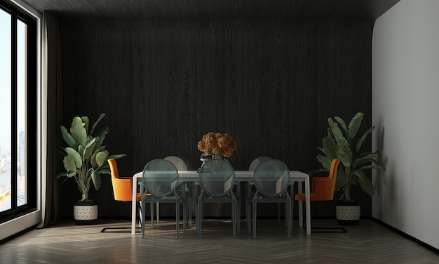 Casa e decoração mock up móveis e design de interiores da sala de jantar e fundo de textura de parede de madeira renderização em 3d