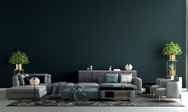 Casa e decoração modernas simulam móveis e design de interiores de uma sala de estar luxuosa e fundo de textura de parede verde escuro. Renderização em 3d