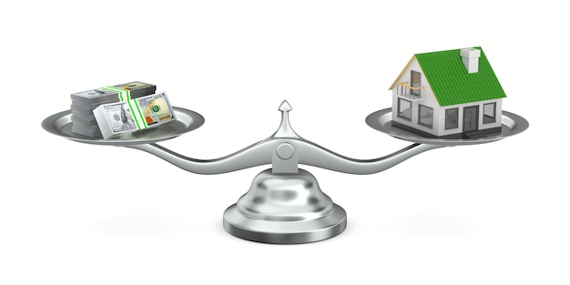Casa e dinheiro em escala ilustração 3D isolada no fundo branco