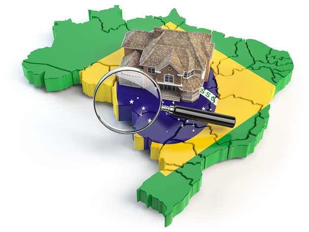 Foto casa e lupa no mapa do brasil nas cores da bandeira australiana procure uma casa para comprar ou alugar conceito desenvolvimento imobiliário no brasil