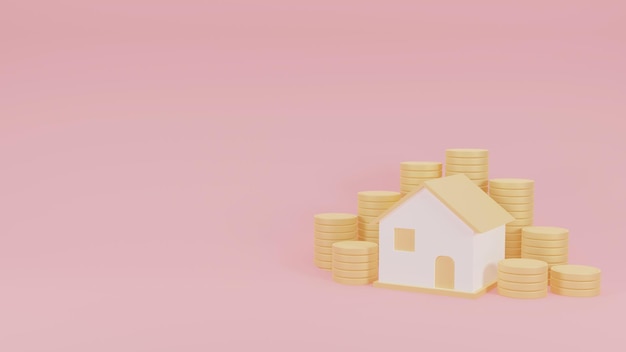 Casa e moedas em fundo rosa Casa para venda casa para aluguel conceito Empréstimos comerciais para o conceito imobiliário Economia financeira residencial Investimento imobiliário doméstico Economizando dinheiro Renderização em 3d