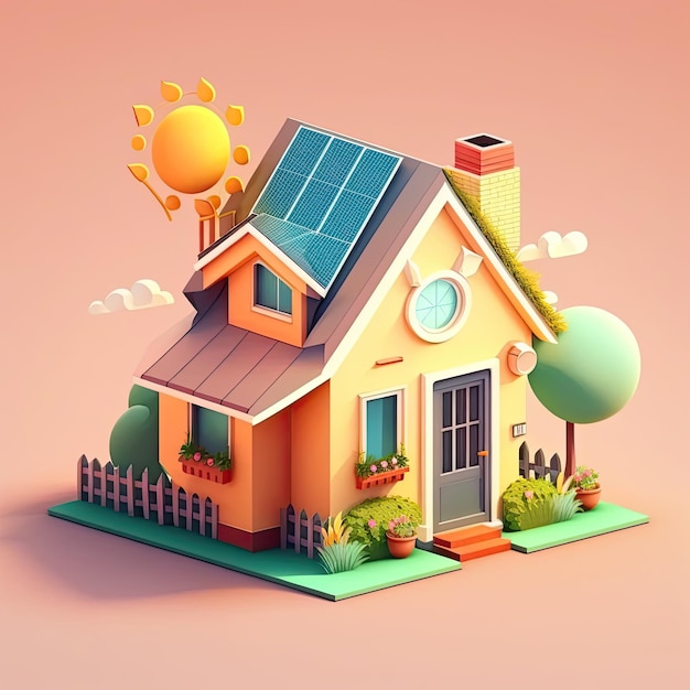 Casa ecológica colorida sobre fondo de color Concepto de energía renovable Casa con paneles solares en el techo IA generativa