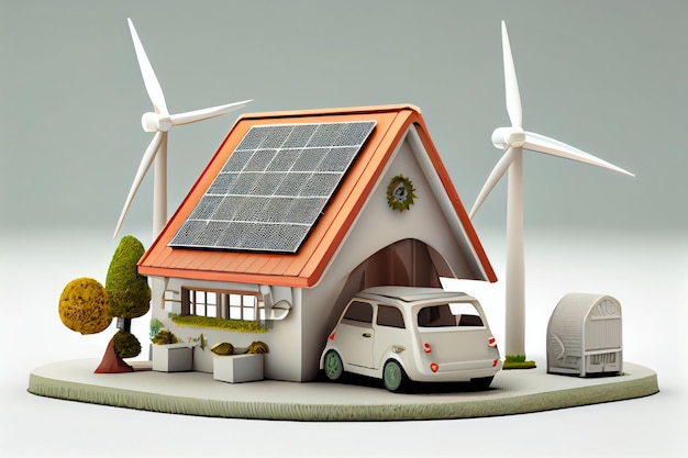 Casa ecológica com painéis solares e turbinas eólicas Ilustração generativa de IA