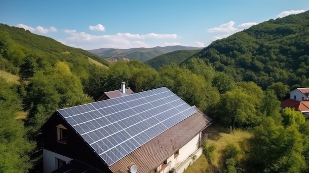 Casa ecológica com painéis solares no telhado, cercada pela natureza verde Generative AI