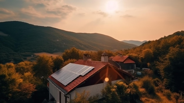 Casa ecológica com painéis solares no telhado, cercada pela natureza verde Generative AI