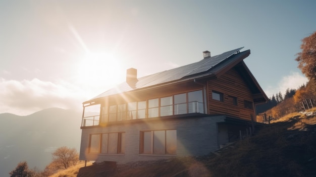 Casa ecológica com painéis solares no telhado, cercada pela natureza verde Generative AI