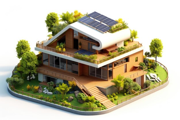 Casa ecológica con un diseño moderno y un fuerte énfasis en la sostenibilidad Renderizado 3D IA generativa