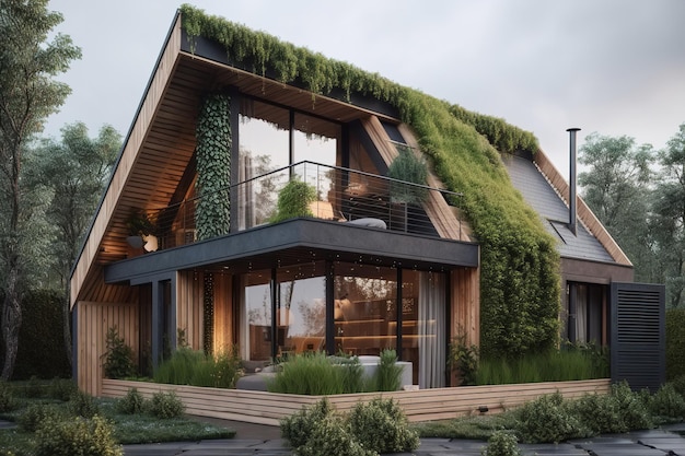 Casa ecológica Ecoarquitectura Casa de madera de campo cubierta de plantas en el exterior del bosque IA generativa