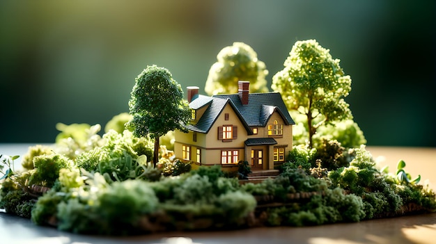Casa ecológica em ambiente verde Casa em miniatura na grama
