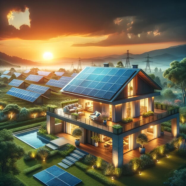 Casa ecológica equipada com um sistema de painéis solares fotovoltaicos no telhado