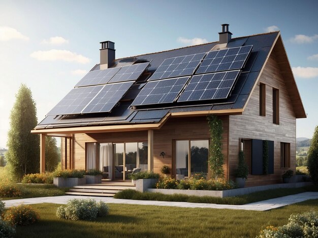 Casa ecológica moderna com painéis solares e moinhos de vento para usar energia alternativa renderização3d