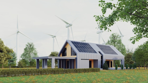 Casa ecológica moderna con paneles solares y molinos de viento para usar energía alternativa