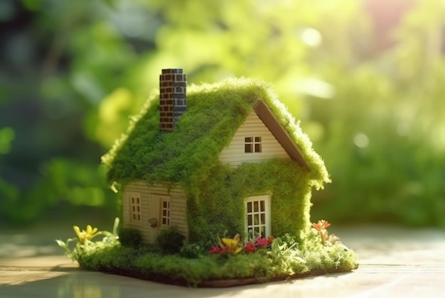 Casa ecológica en musgo en el jardín Casa de madera en miniatura en hierba de primavera Casa en hierba soleada generativa ai