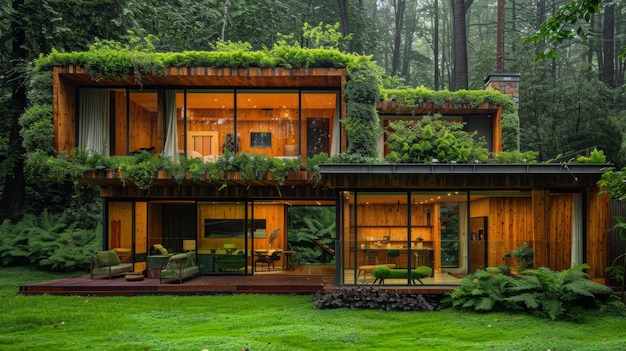 Casa ecológica na floresta com características naturais