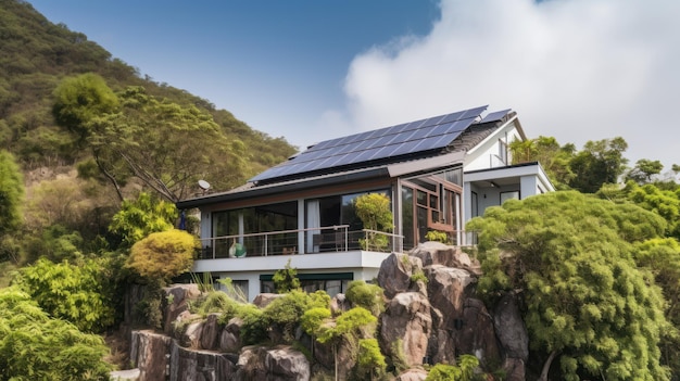 Casa ecológica con paneles solares en el techo rodeada de naturaleza verde IA generativa
