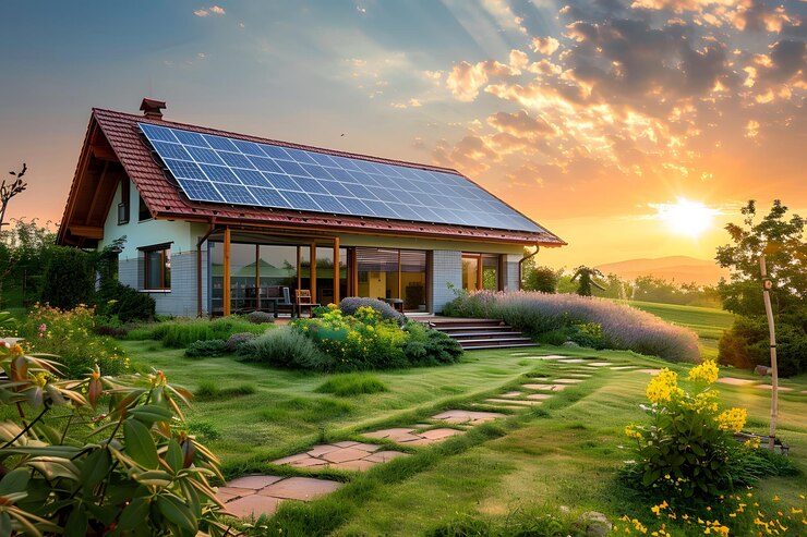 Una casa ecológica tranquila con paneles solares al atardecer
