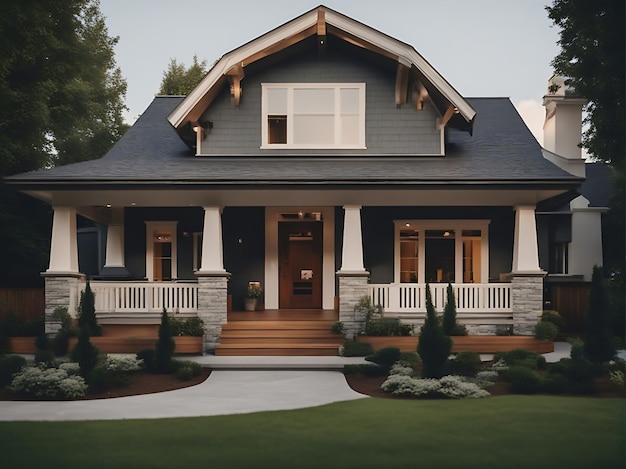 Casa elegante de estilo artesanal com paisagismo exuberante