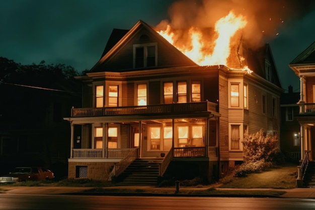 Foto casa em chamas à noite casa residencial em chamas generative ai