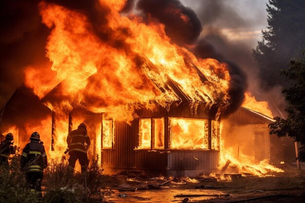 Casa em chamas com bombeiros em ação